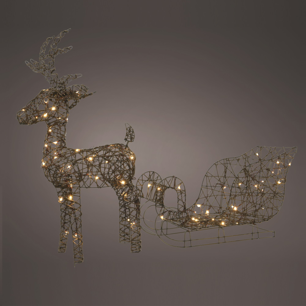 72cm - LED Wicker Outdoor Christmas Deer with Sleigh - Brown/Warm White