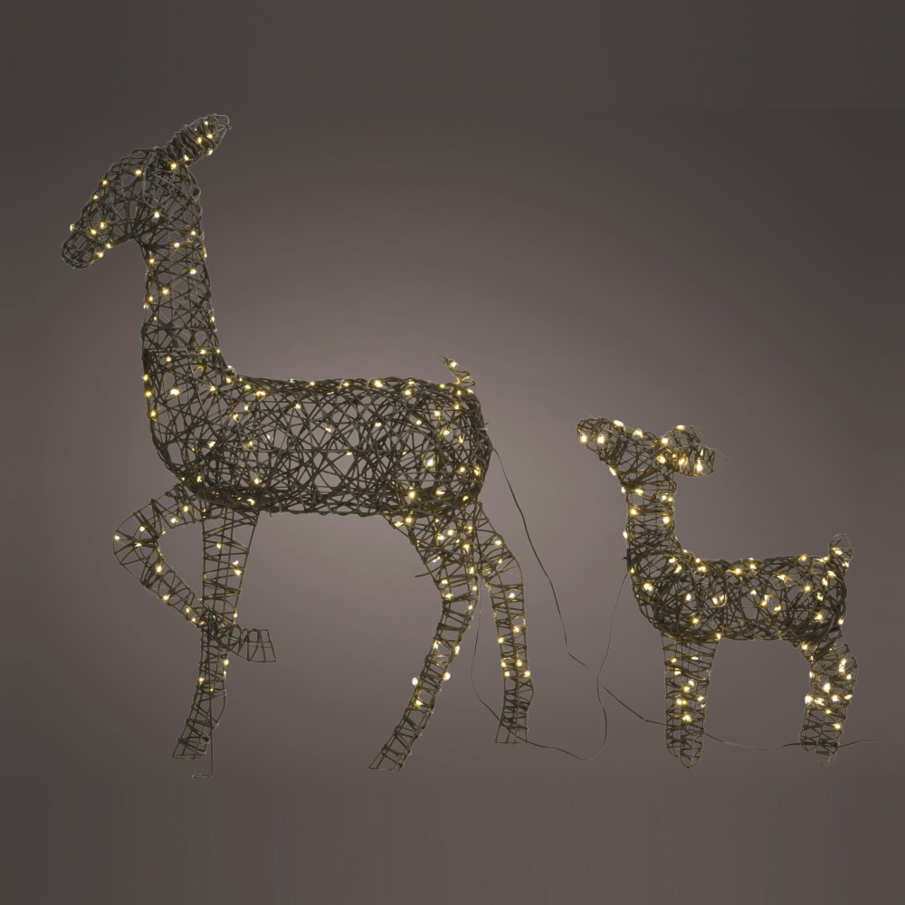 88cm - Micro Wicker Outdoor Christmas Reindeer with Baby - Dark Brown/Warm White