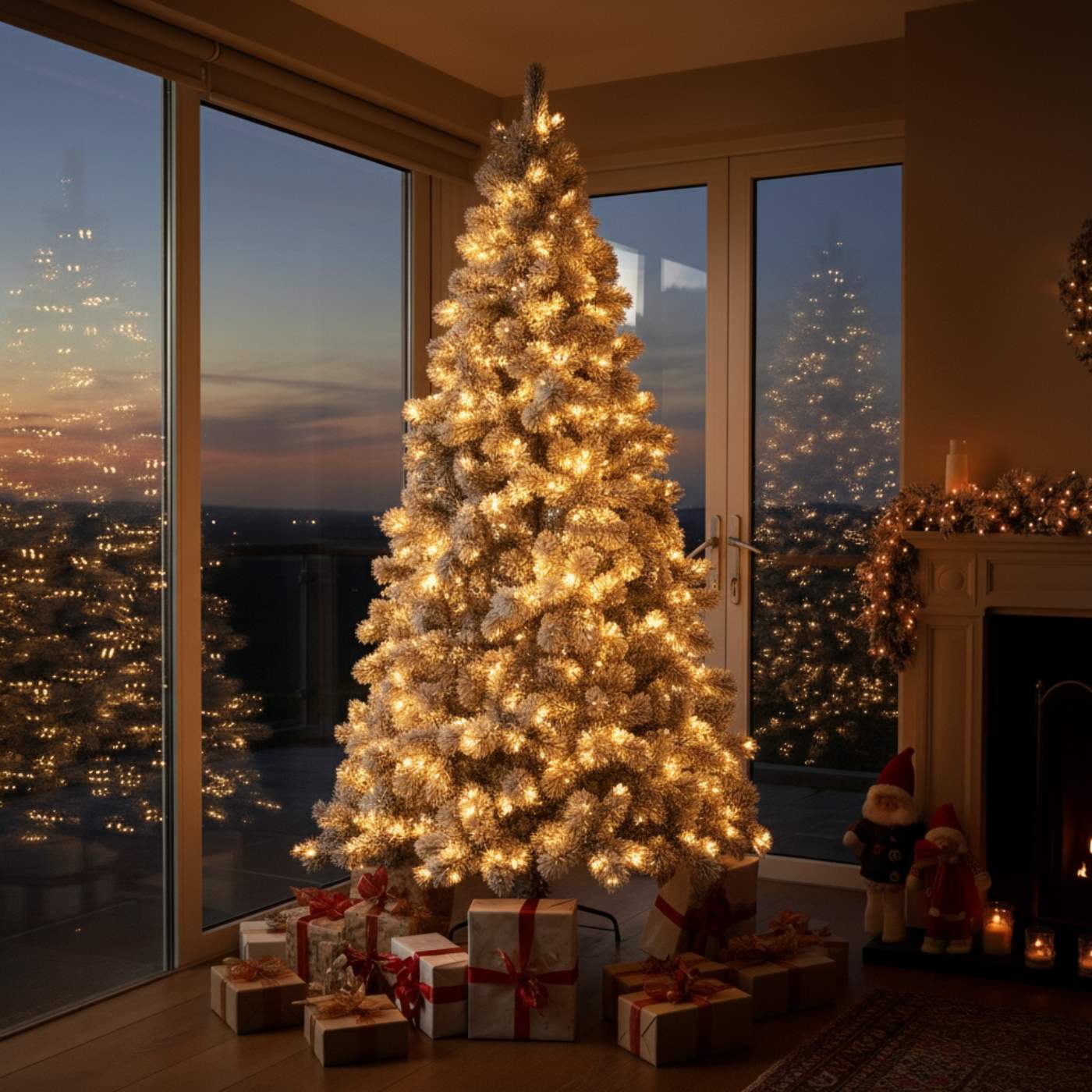 7ft (210cm) Prelit Hard Needle Flocked Artificial Christmas Tree w/ 400 Warm White LEDs