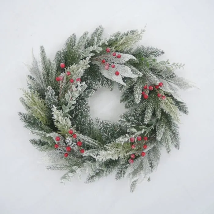 24" (60cm) Diara Wreath with 64 Tips, Berries and Snow
