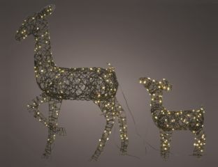 88cm - Micro Wicker Outdoor Christmas Reindeer with Baby - Dark Brown/Warm White