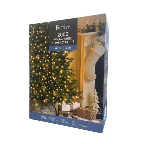 2000 Compact Warm White LED Christmas Lights with Green Cable