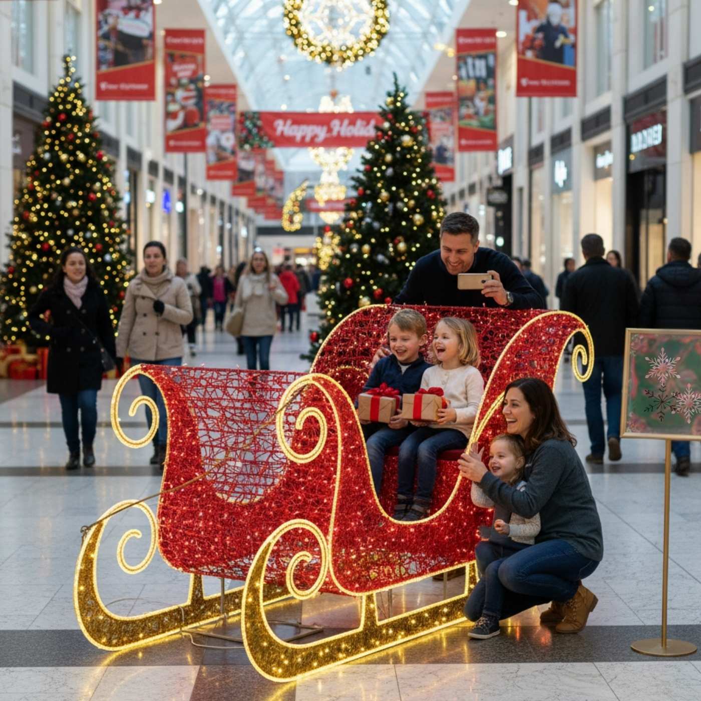 250cm x 127cm Lit Display Sleigh - Red and Warm White