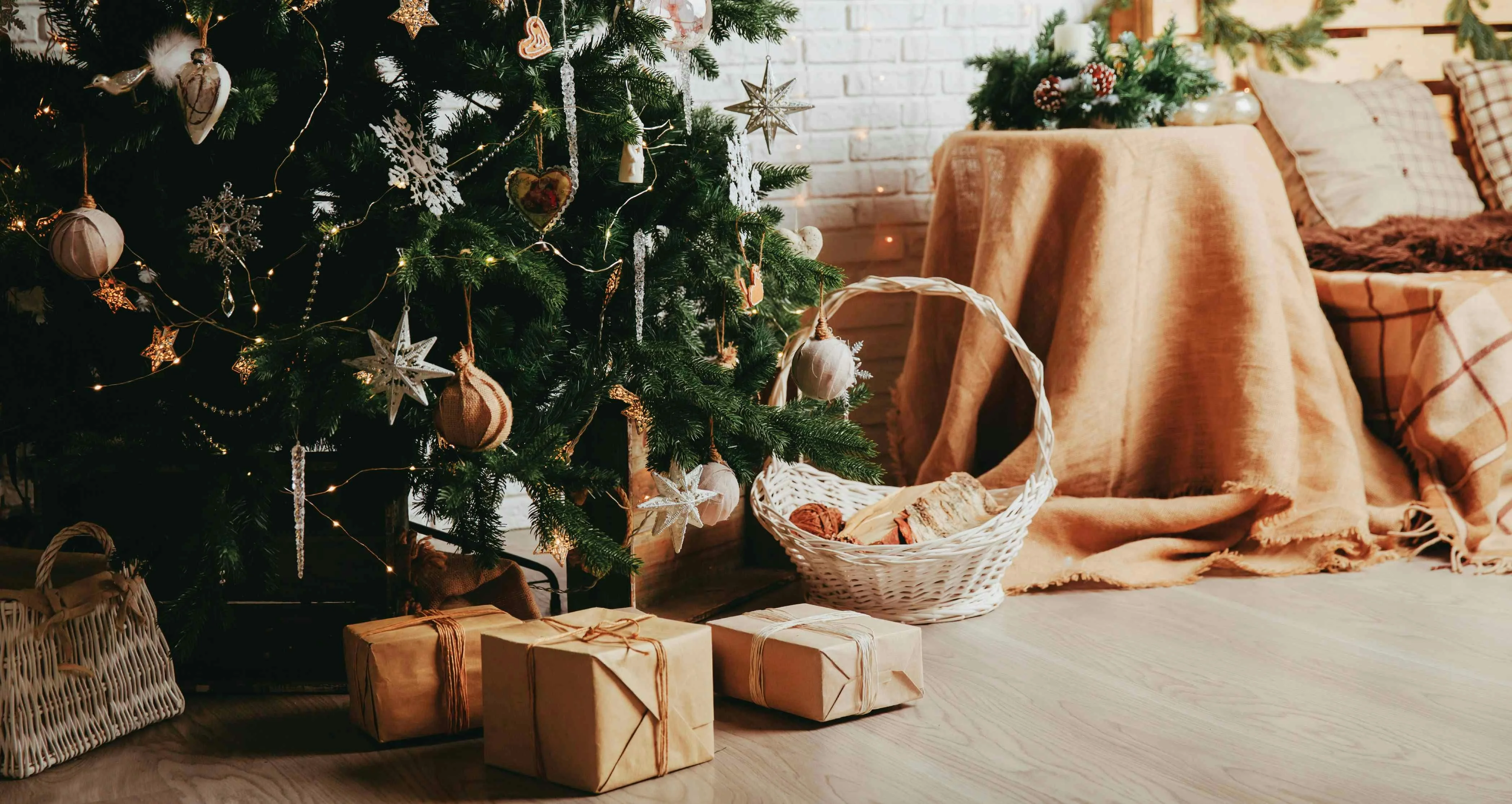 Gifts under an artificial christmas tree